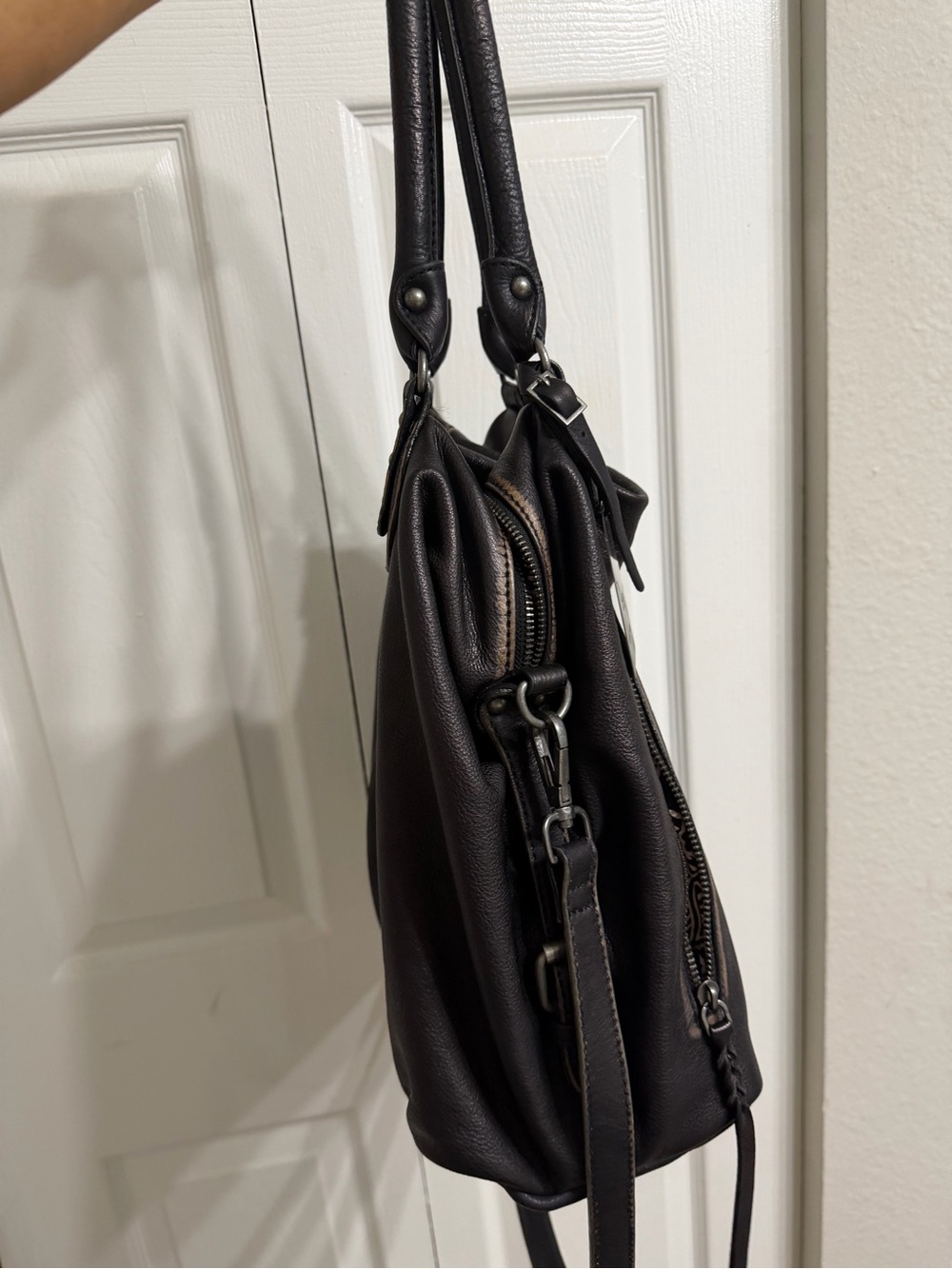 Free People Distressed Black Leather Hobo Shoulder Bag - Picture 5 of 6